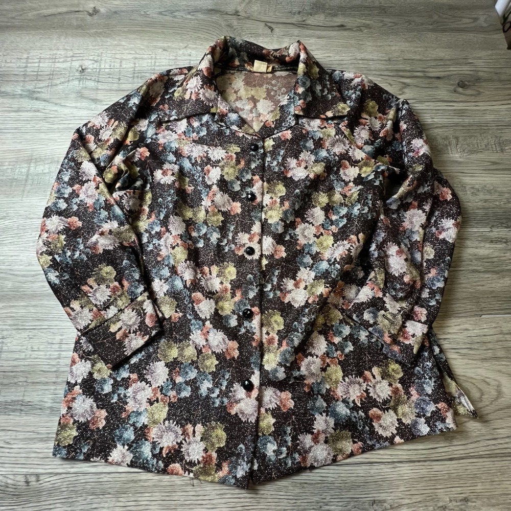 Shaker Sport Button Up Top Womens XL Multi Color Floral Metallic‎ Vintage Blouse
